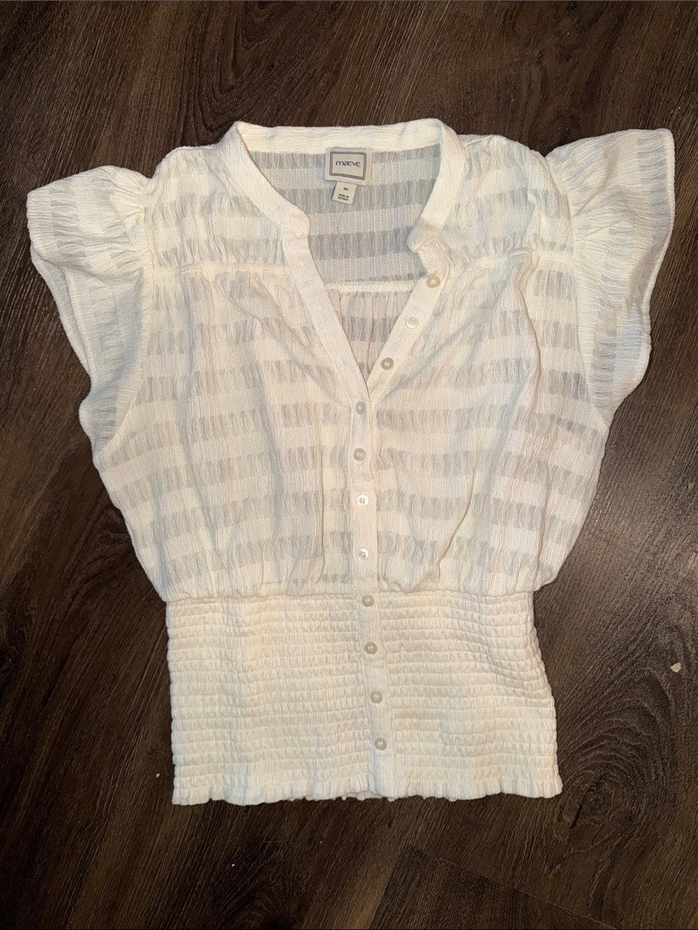 Anthropologie Cream Button-Front Smocked Waist Flutter Sleeve Blouse